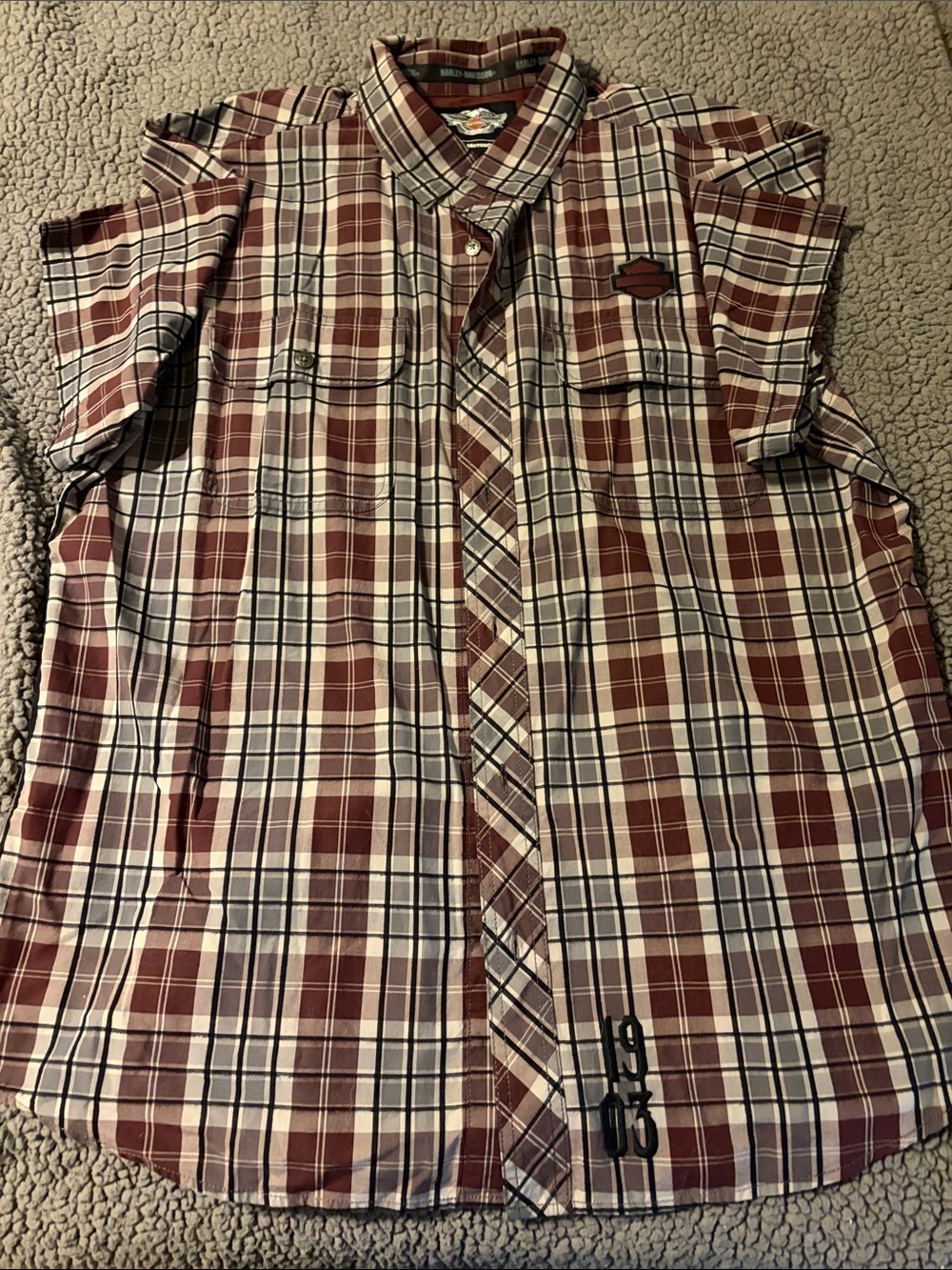Harley-Davidson Maroon and Gray Plaid Short Sleeve Button-Down Shirt